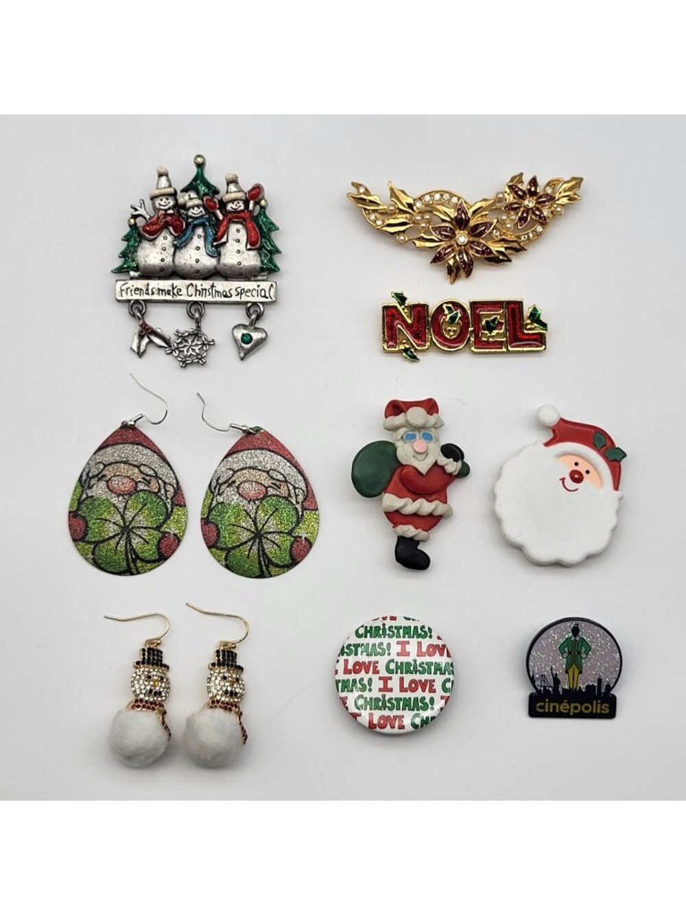 Christmas Fun Jewelry lot Santa Earrings Brooch pins Snowman Elf